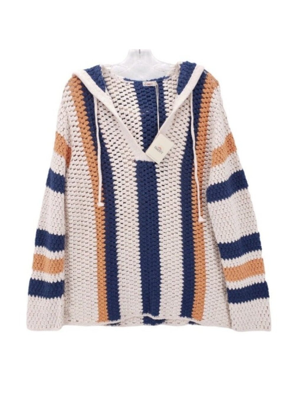 NWT Faherty Sawyer Crochet Knit Poncho Caspian Stripe Hooded Open Knit XS